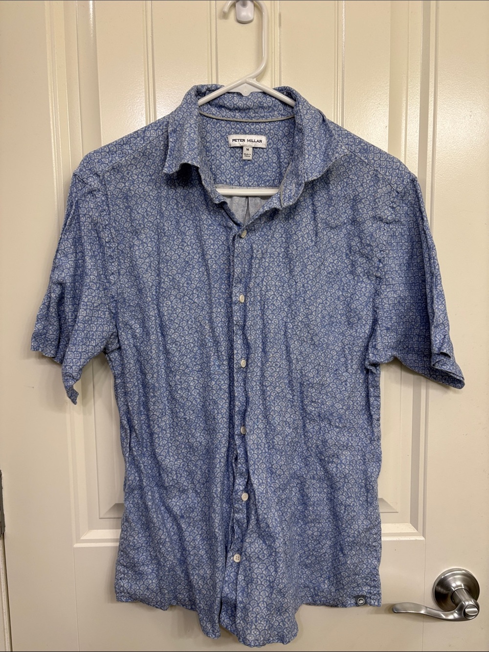 Peter Millar Linen Light Blue Short-Sleeve Printed Button-Down Shirt